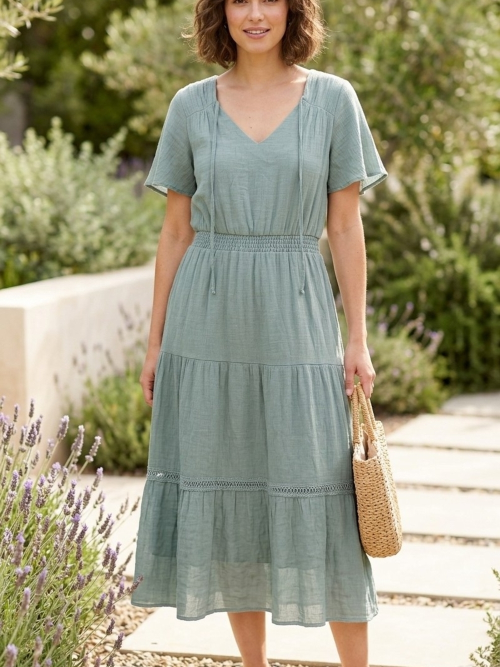 Luxology Light Blue Tiered Midi Dress L Smocked Waist Crochet Trim Cottagecore